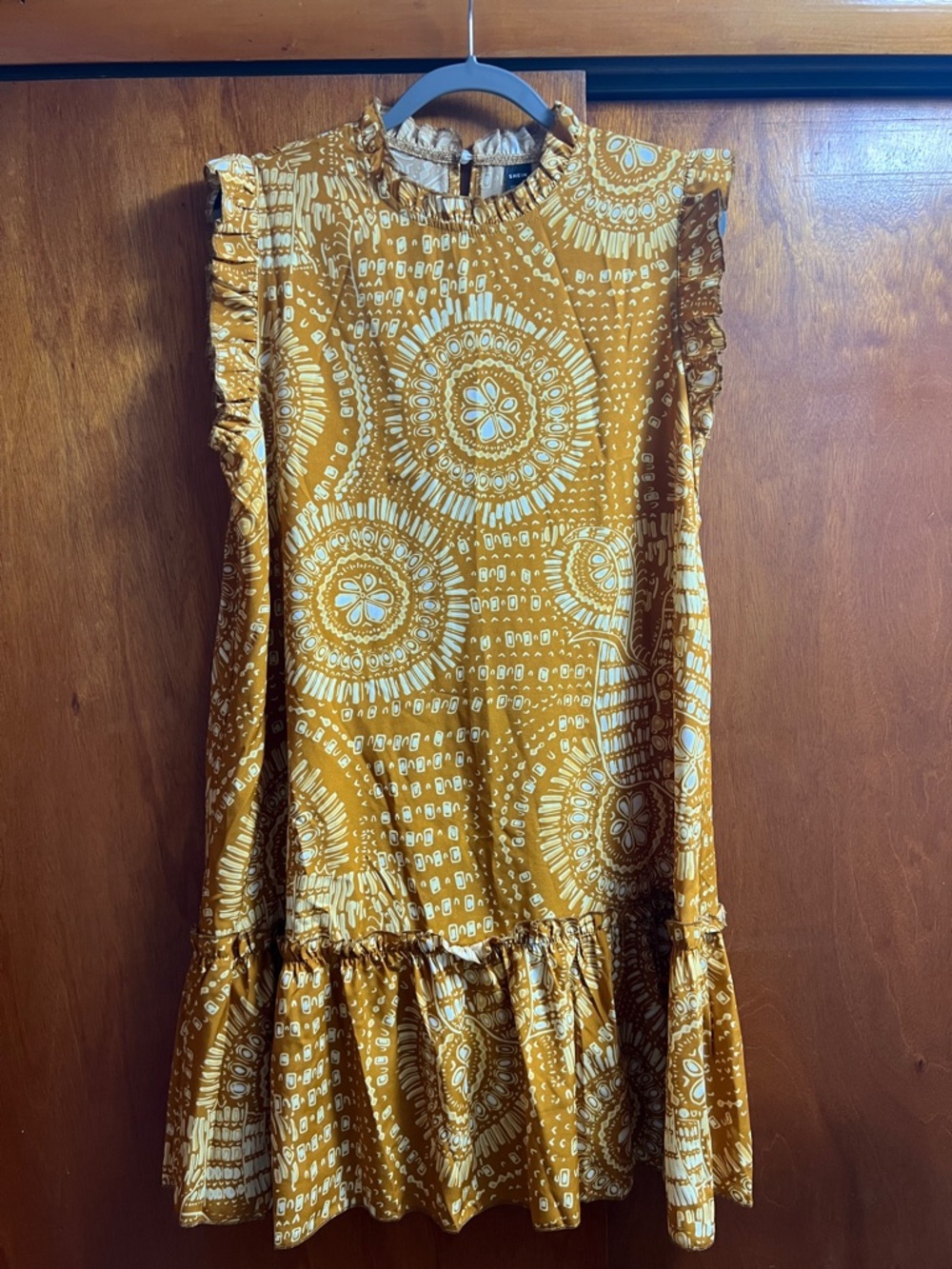 SHEIN Mustard Medallion Ruffle Mini Dress